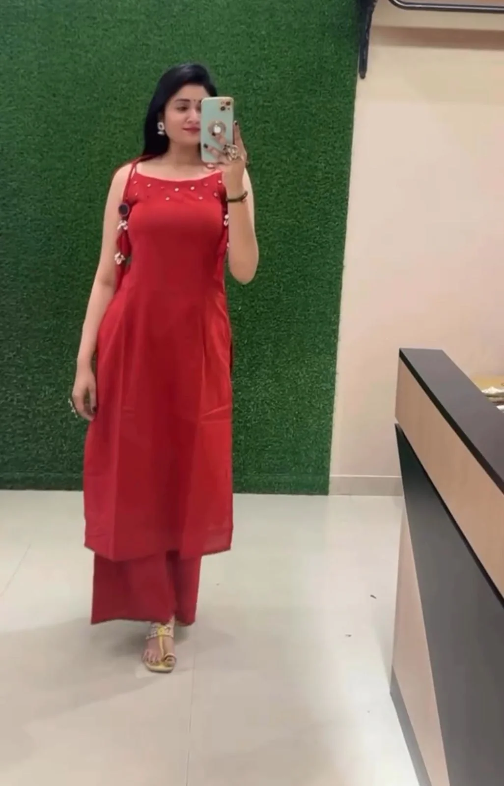 Elevate your Ethnic wardrobe with our vibrant red mirror work Cotton set - Image 4