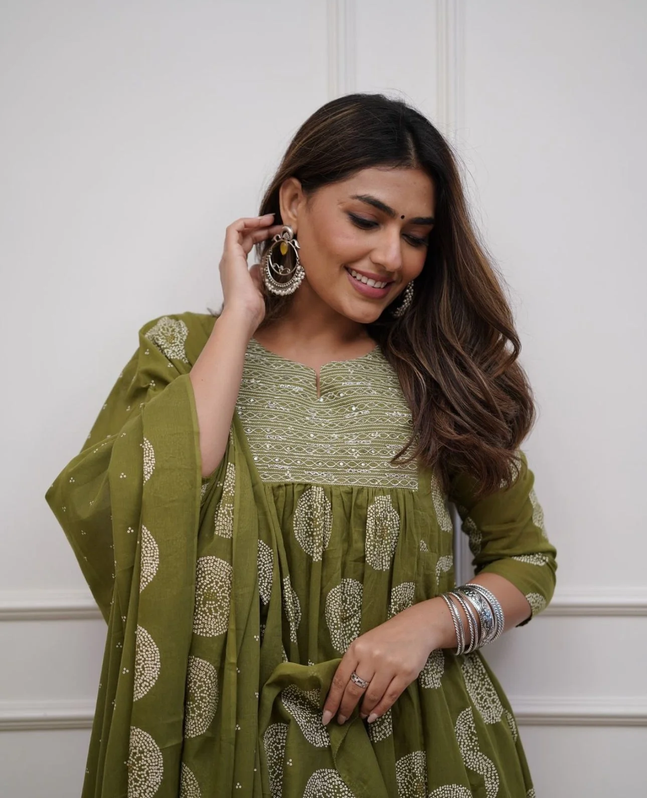 Olive Green Anarkali  Embroidery Suit Set - Image 3