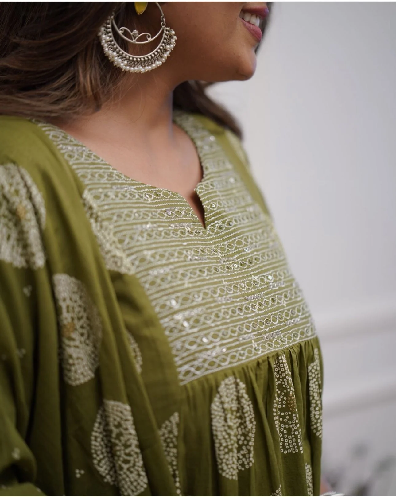 Olive Green Anarkali  Embroidery Suit Set - Image 4