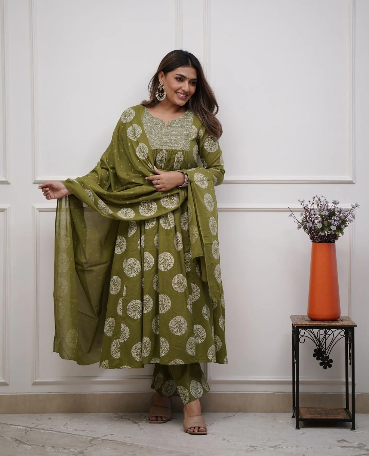 Olive Green Anarkali  Embroidery Suit Set - Image 5