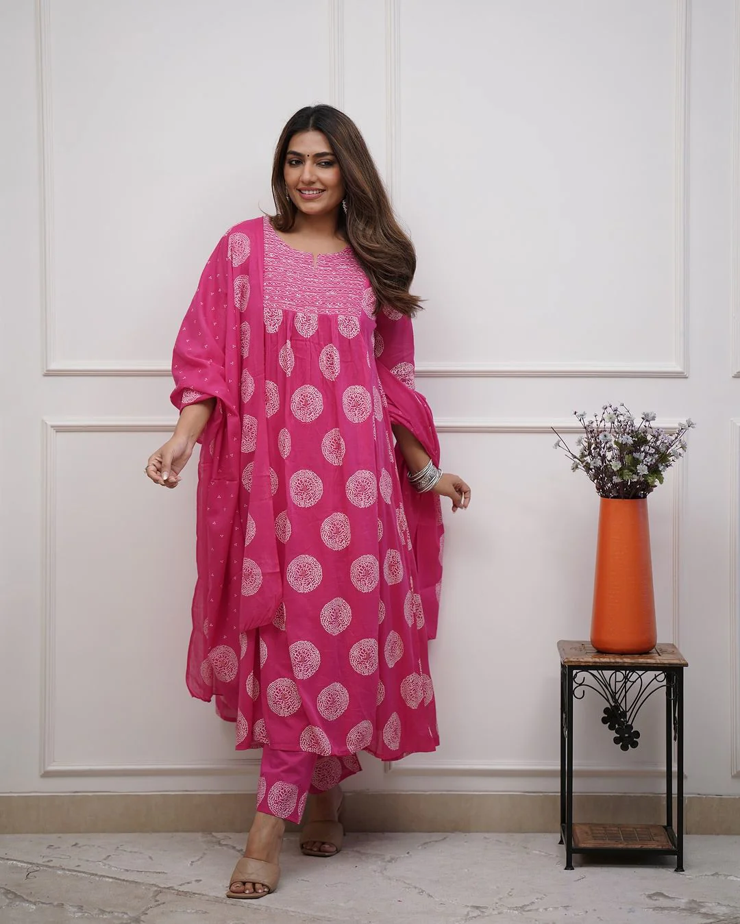 Women's Cotton Block Print With Embroidery Hand Work Flaired Straight Suit Embroidered Kurta, Trouser/Pant & Dupatta Set - Image 3