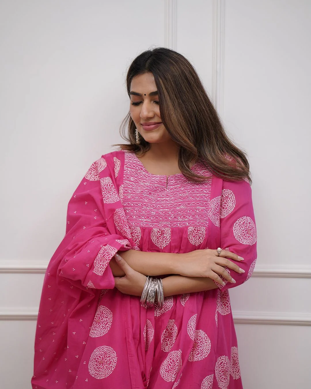 Women's Cotton Block Print With Embroidery Hand Work Flaired Straight Suit Embroidered Kurta, Trouser/Pant & Dupatta Set - Image 6