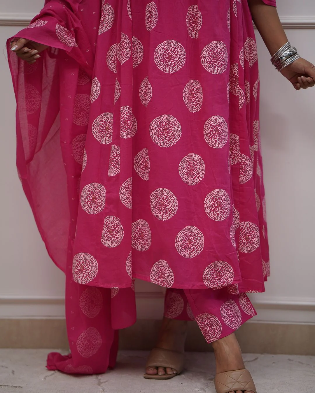 Women's Cotton Block Print With Embroidery Hand Work Flaired Straight Suit Embroidered Kurta, Trouser/Pant & Dupatta Set - Image 7